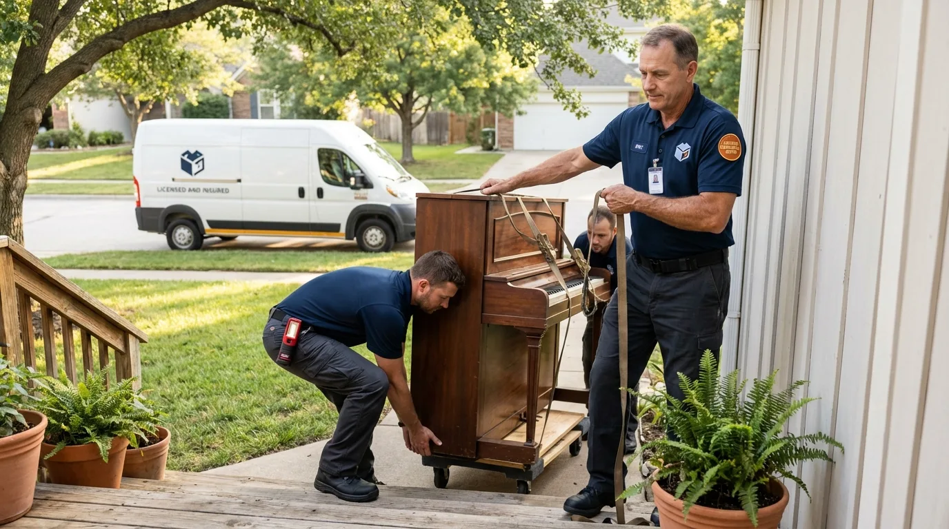 Licensed piano movers securing grand piano in Mayodan, NC