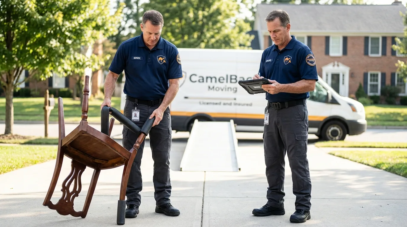 Movers inspecting furniture for damage prevention before loading in Mayodan, NC